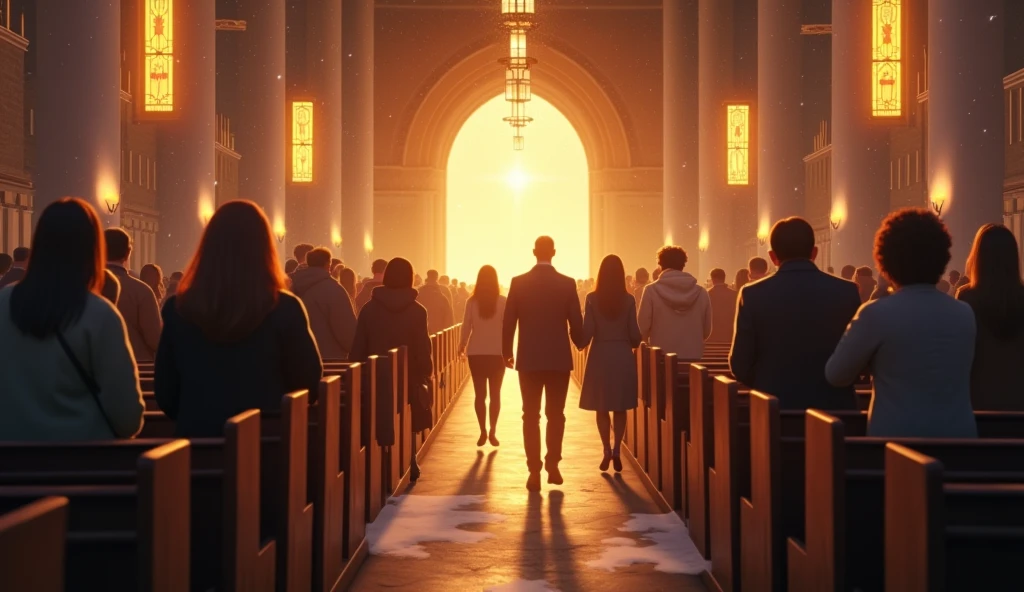 soft background music, Images of the church illuminated with warm lights, people coming in with smiles.