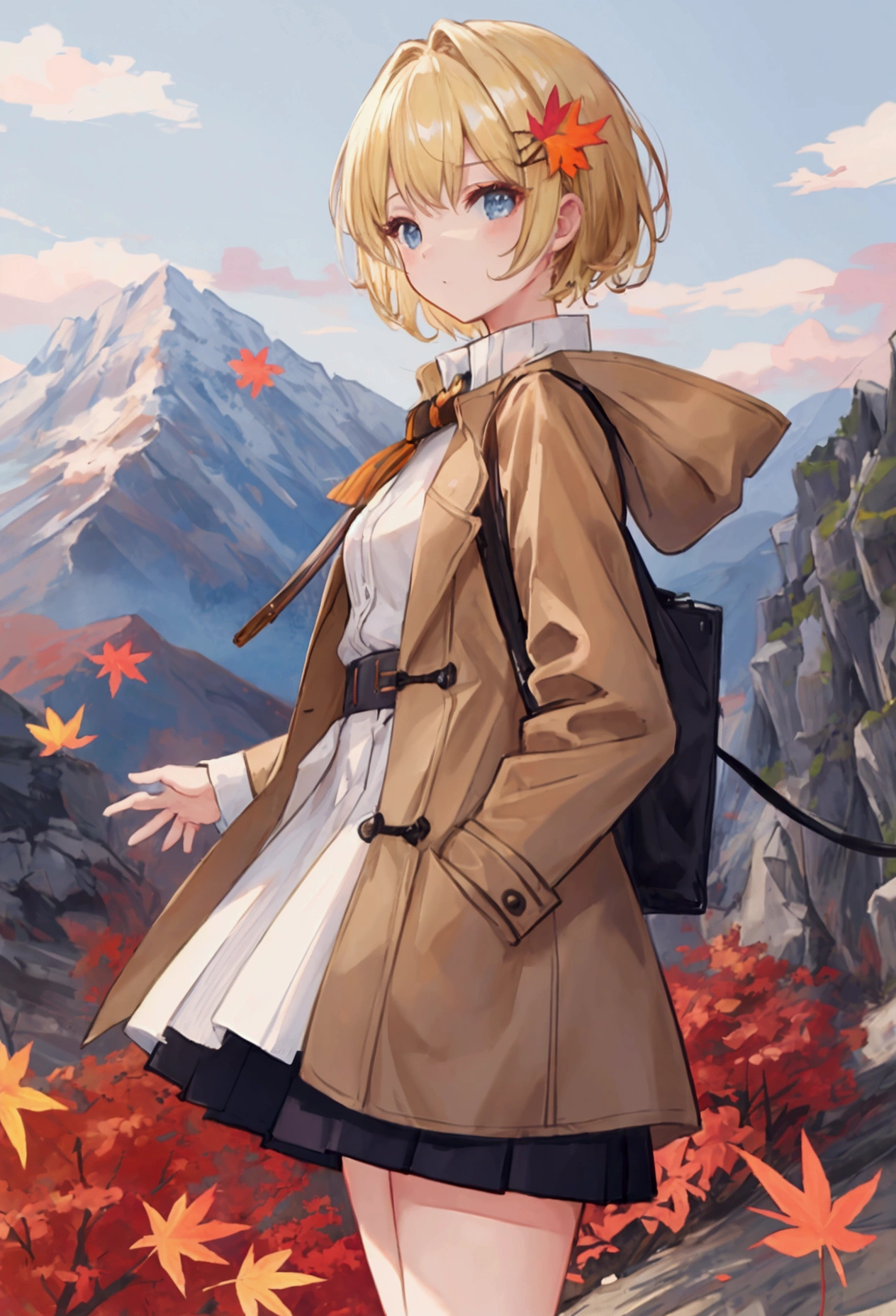 Masterpiece, solo, 1girl, overcoat, hair ornament, short skirt, short blonde hair, autumn mountain