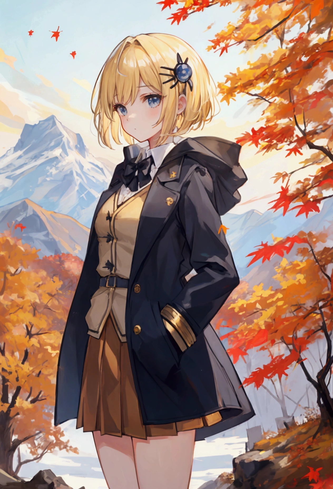 Masterpiece, solo, 1girl, overcoat, hair ornament, short skirt, short blonde hair, autumn mountain