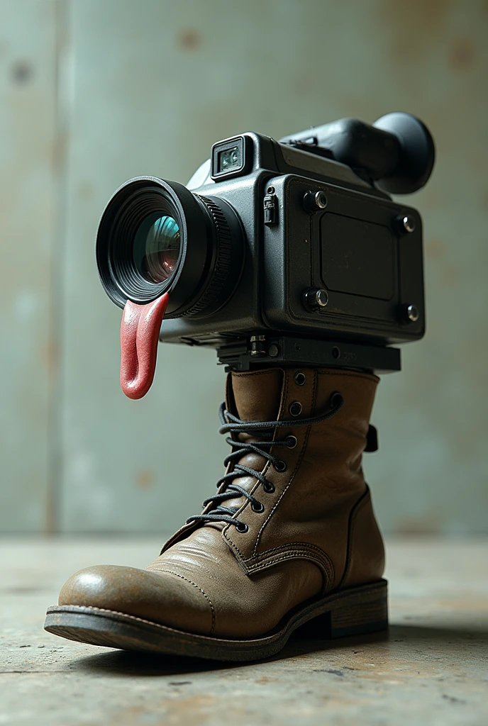 A Video camera licking the bottom of a army boot with tongue