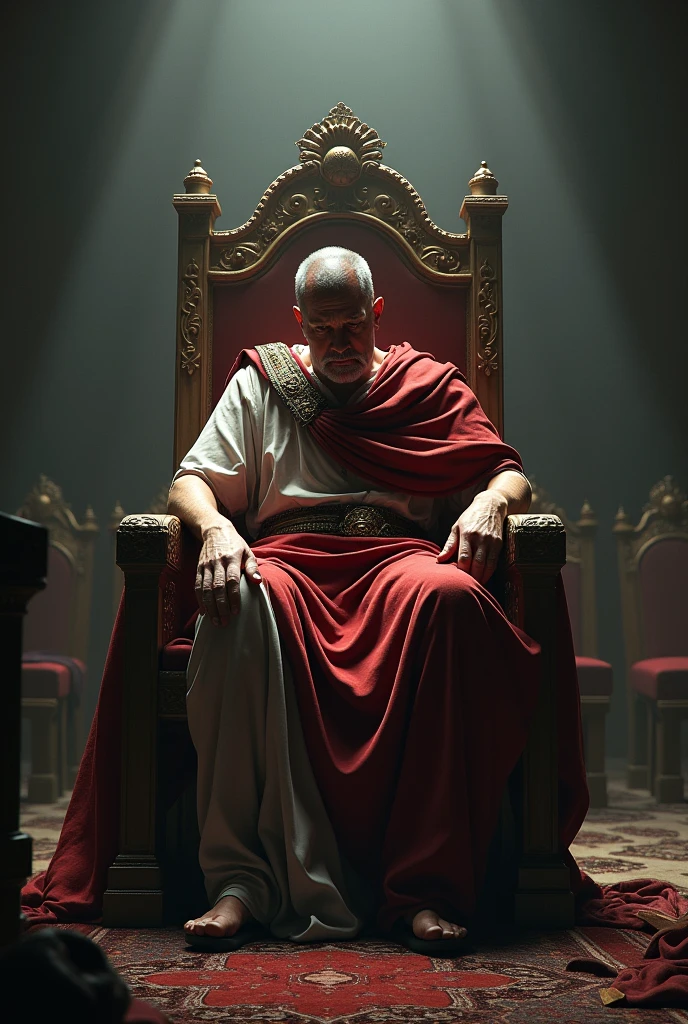 The Last Roman Emperor A somber Roman emperor sitting on a throne in a dimly lit palace, surrounded by empty seats and decaying decorations. His face is marked with worry and defeat, symbolizing the empire’s inevitable decline.