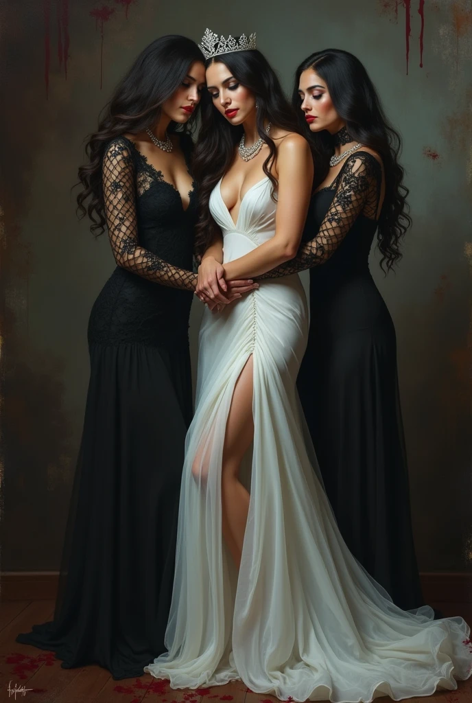 Masterpiece, 
Beautiful bride in white dress seduced by alluring lesbian vampires, evil, gothic black lace dress, flattering, cleavage, Long Hair, kiss, bride turning into vampire, evil aura, dark, evil, sexy, (full body)