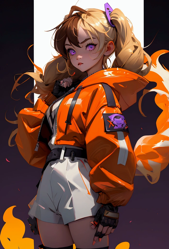 envision a 8k, highres, cinematic, close up beautiful portrait of a short girl named Gigi Murin with dark brown and blonde multicolored hair in twin tails, a tail, purple eyes, wearing an animal hood, hood up, orange jacket, cropped jacket, white shirt, mechanical gauntlets, orange belt, black shorts, single thighhigh, striped thighhigh against a dark background