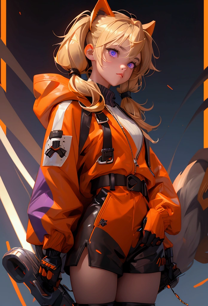 envision a 8k, highres, cinematic, close up beautiful portrait of a short girl named Gigi Murin with dark brown and blonde multicolored hair in twin tails, a tail, purple eyes, wearing an animal hood, hood up, orange jacket, cropped jacket, white shirt, mechanical gauntlets, orange belt, black shorts, single thighhigh, striped thighhigh against a dark background