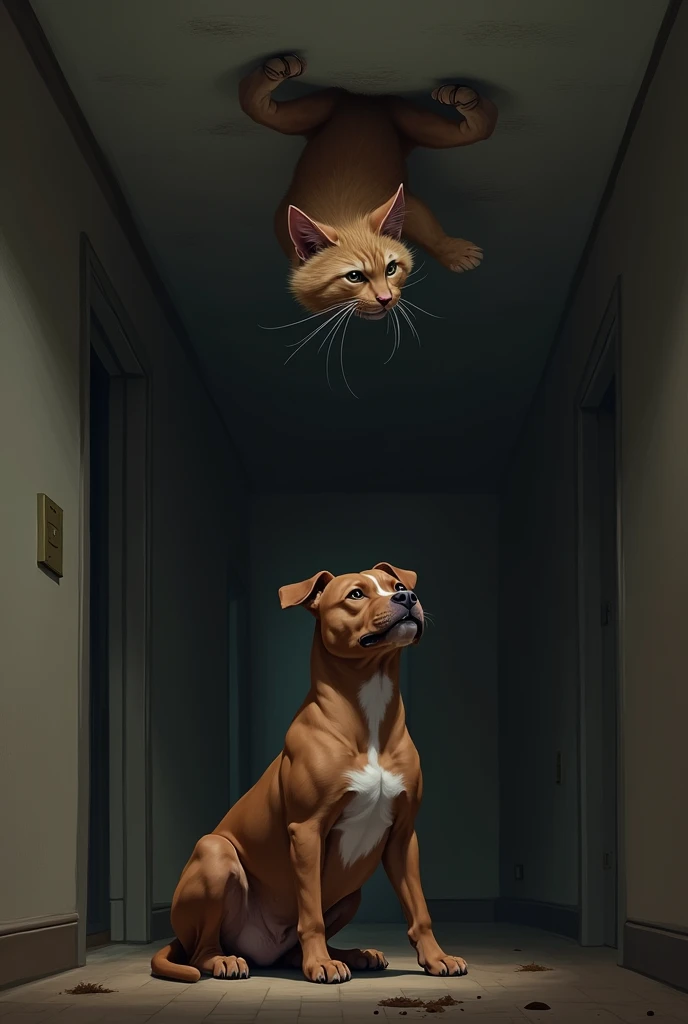 scared cat looking from the ceiling at a brown pitbull but the pitbull doesn't notice