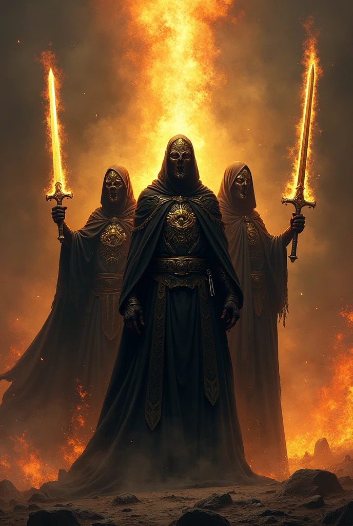 An art to represent the black team of the evangelical camp whose name is Dissipadores das Trevas, with sword, flames and bible