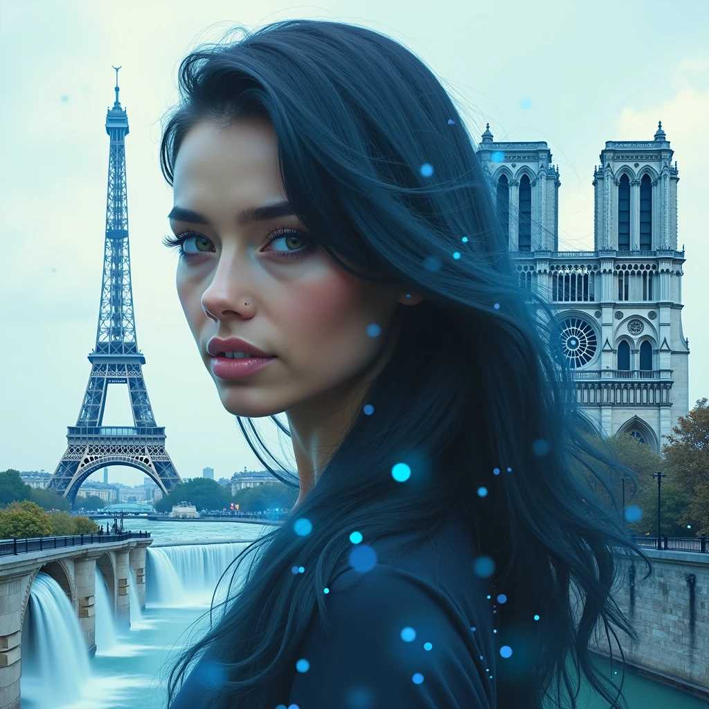 paysage hyer réaliste, double exposition, superositions, incrustations, cascades magiques, tour Eiffel, notre dame de paris, portrait de femme aux cheveux longs noirs reflets bleus