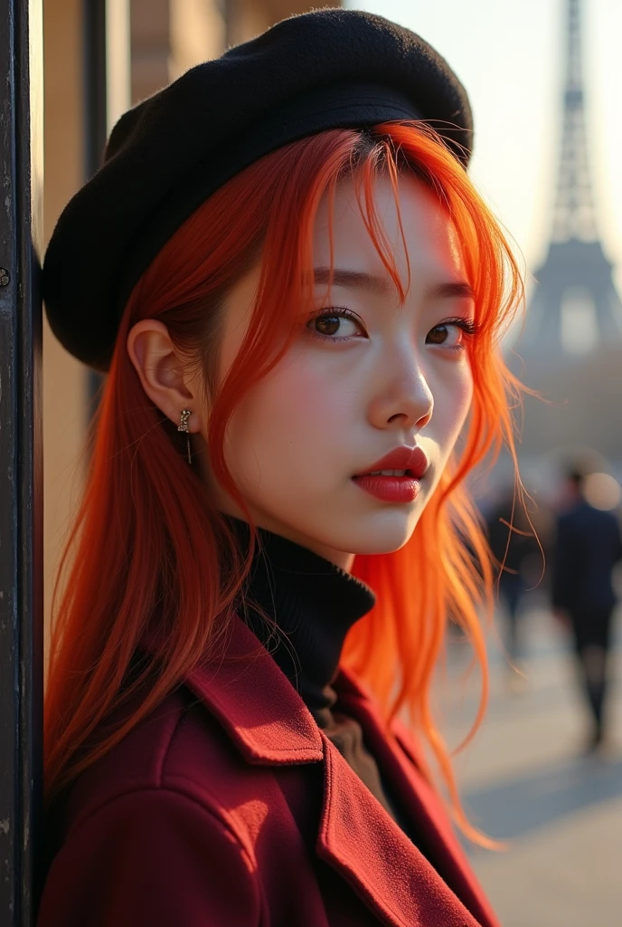 korean, human face, in beret, Red hair, in paris
