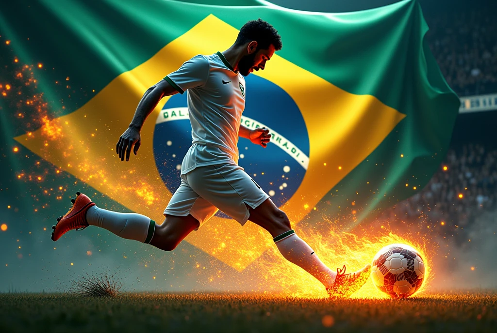 “Digital art style, background featuring a semi-transparent silhouette of the Brazilian flag waving, at the center a silhouette of a Brazilian soccer player in a white uniform, kicking a flaming, phosphorescent neon ball, highly detailed, intricate details, vivid colors, perfect anatomy.”