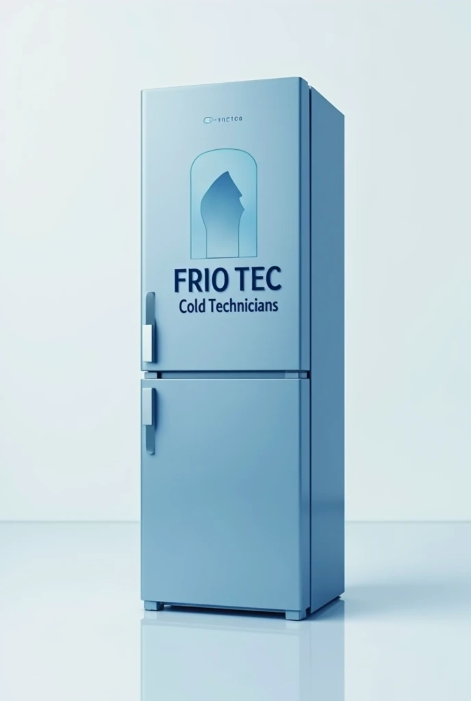 Logo with the silhouette of an elegant refrigerator, placing the name of frio tec and the slogan cold technicians