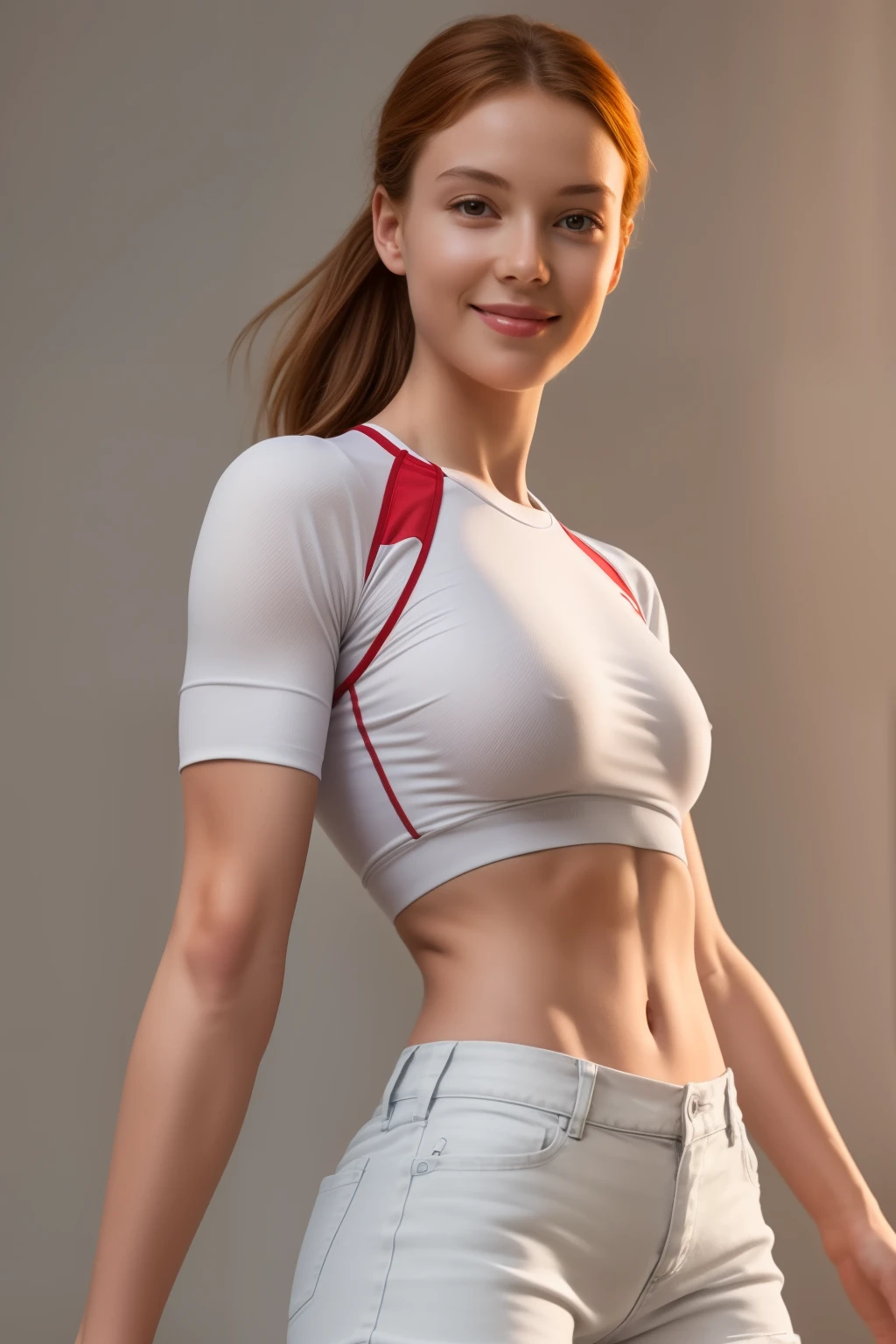 (((whole body Fitness and full body caption))) Model Lifestyle, NSFW (implied but not shown), (Realistic lighting, Highest quality, 8K, masterpiece), sharp focus, One female model, athletic build with visible abdominal definition, redhead, light grey eyes, well-defined delicate features, full lips with red lipstick, natural makeup look, medium fancy cut hair, confident smile, wearing a white sports top and denim shorts. The setting is indoors with natural lighting, featuring minimalist furniture, showcasing the whole body. The model's face should be super detailed with a focus on natural beauty.