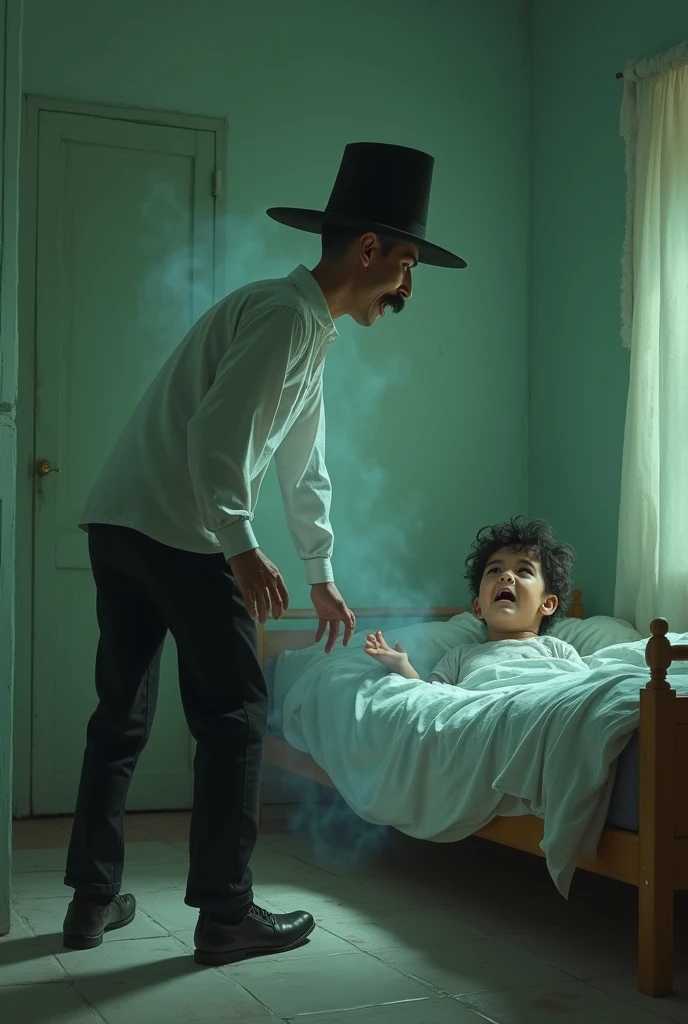A boy of humble origin from Venezuela in his room with light green walls wakes up totally scared and terrified when he sees the spirit of a short man with a hat and a mustache dressed in black pants and a white long-sleeved shirt who pulls him by the feet laughing to scare him.