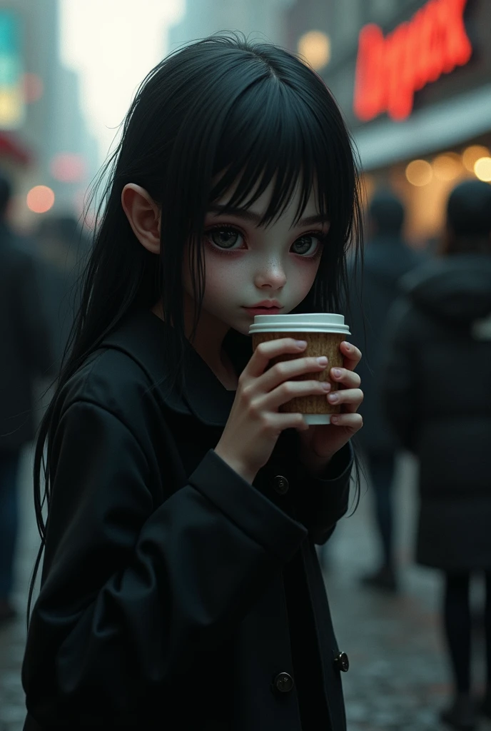 Young evil long haired girl with a creepy smile watches people pass by while drinking coffee