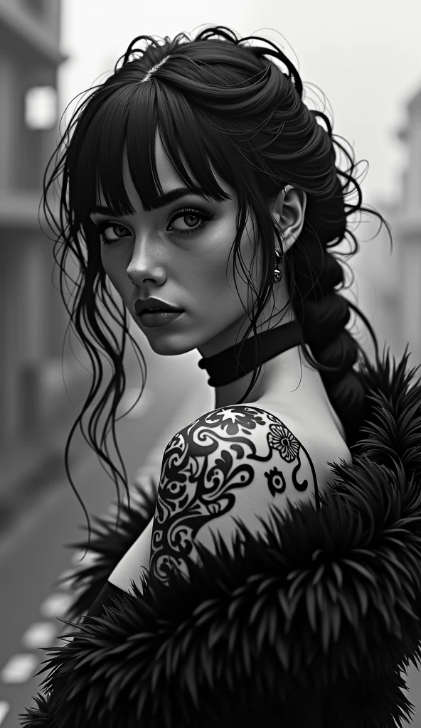 Girl、tattoo、tobacco、cyberpunk、black fur、monochrome、half black and white、hyperrealistic