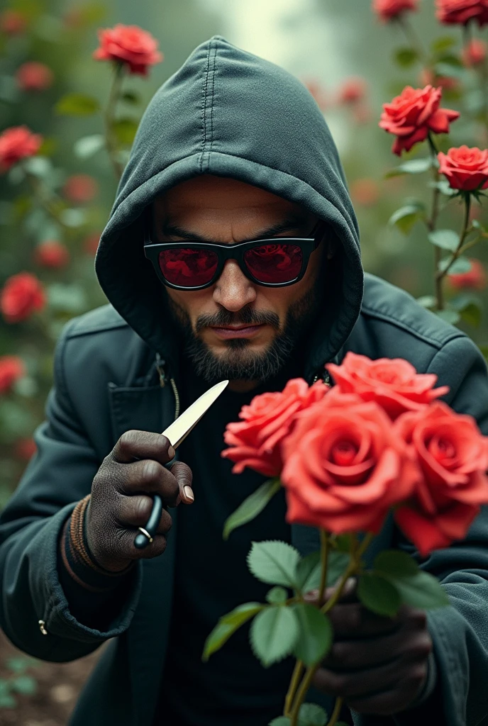 a bandit with glasses and scissors steals roses