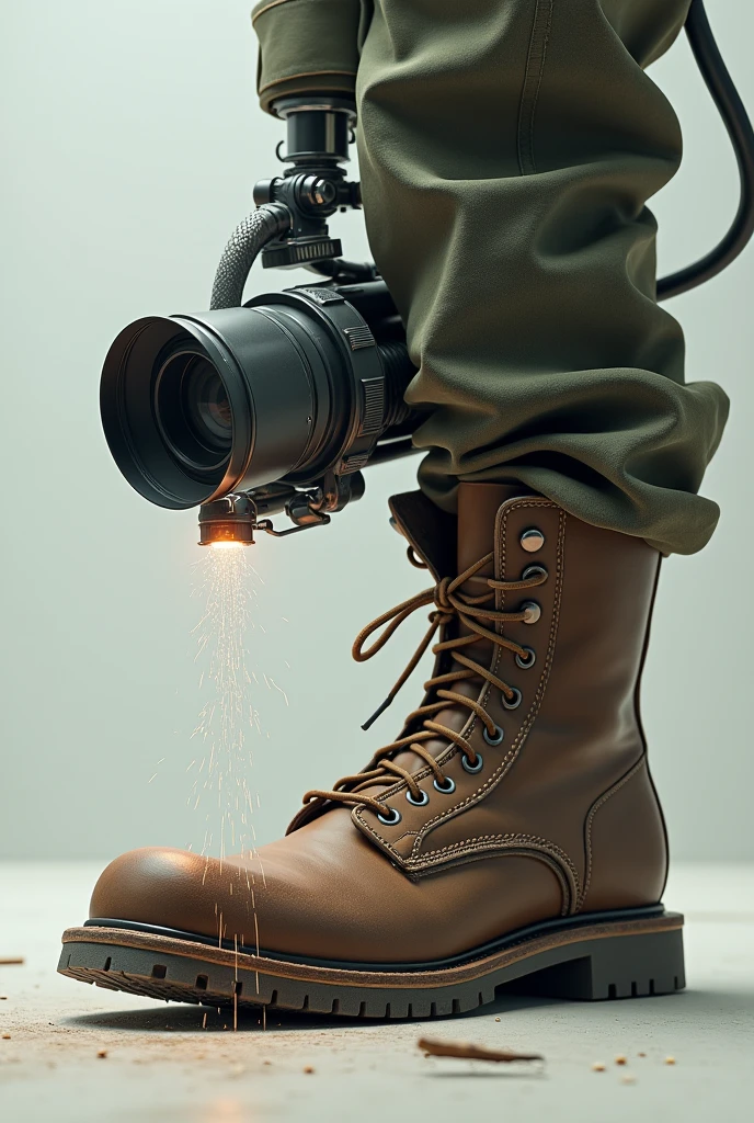 A Video camera licking the bottom side of a army boot with tongue