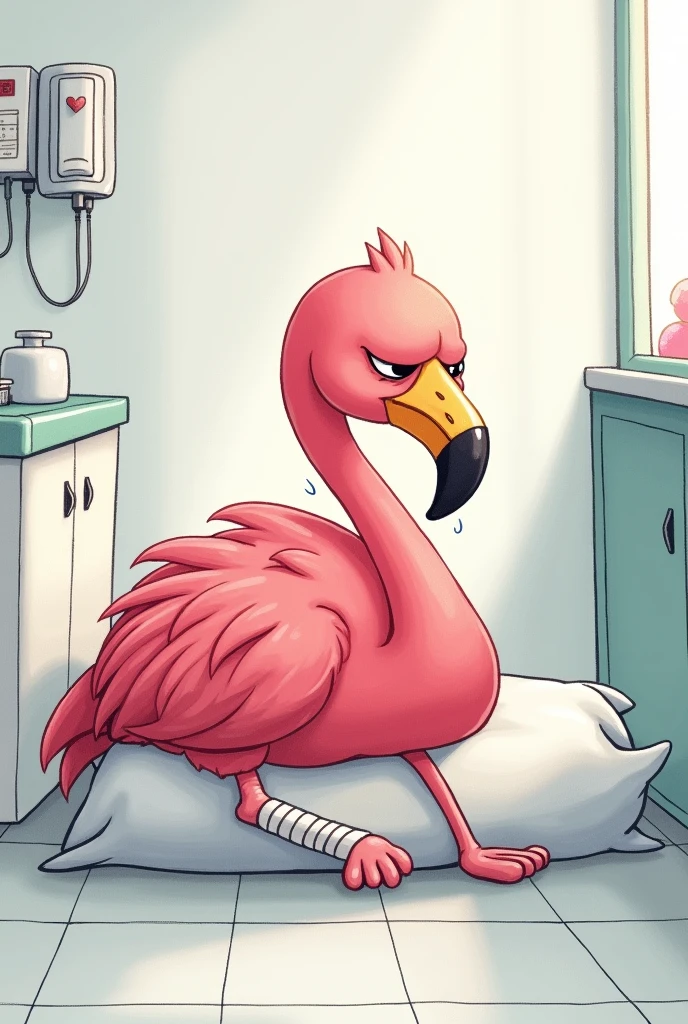 Injured flamingo in hospital sad cartoon