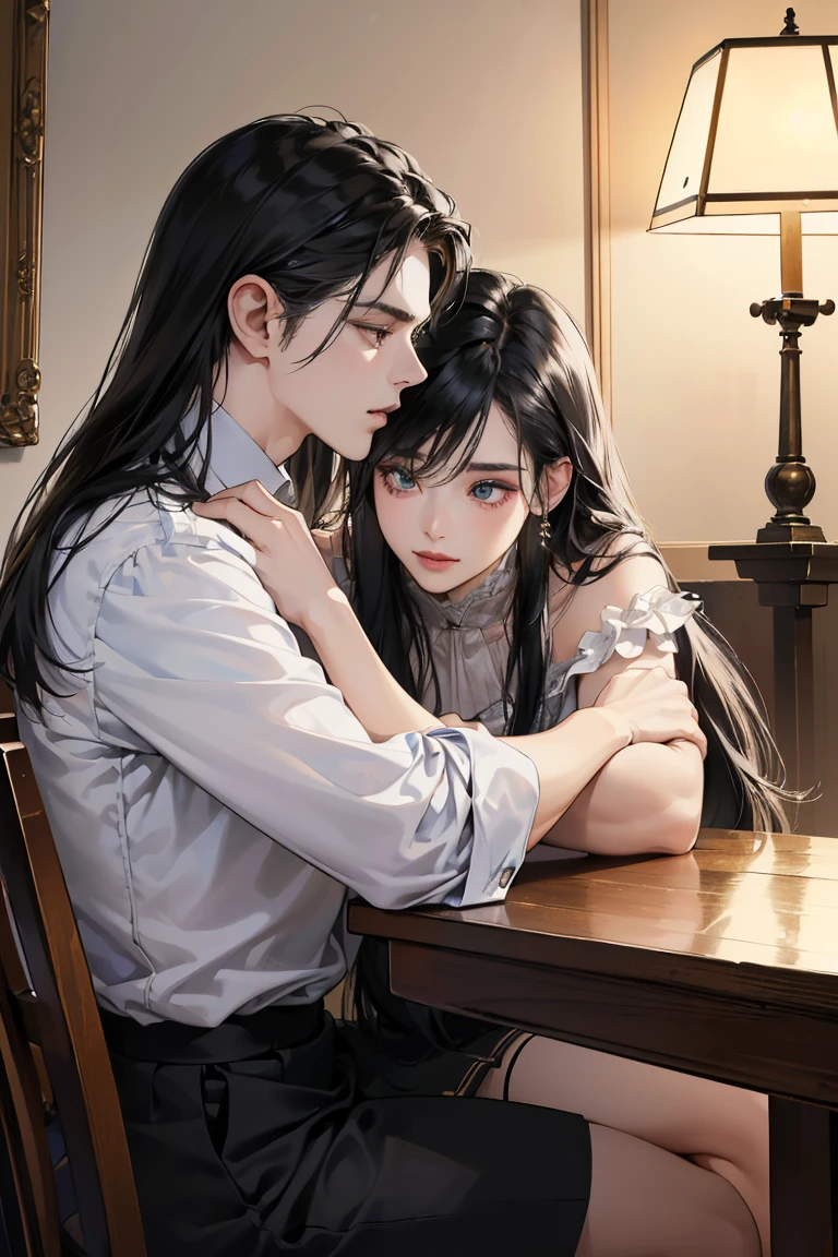 (table top, digital art, digital illustration, 4K, 8k, very detailed, beautiful photos, clear image, realistic, RAW photos, perfect face, perfect line, perfect eyes, soft lighting) 1 woman, (long black hair,Straight hair,an optimistic outlook,beauty,woman in suit,solid makeup,2 female,:1.3),secretary, スーツ姿のハンサムなhuman性2人, (human,human性はスーツ姿,muscular,My shoulder width is solid., humanのこ,boyish hairstyle,british gentleman style,クールな表情の30代human性,明るい笑顔の28歳human性:1.2),office scene at night,Antique furniture,antique clamps,antique chair,chandelier,party、couple、couple kissing、kiss、the kiss、Antique furniture