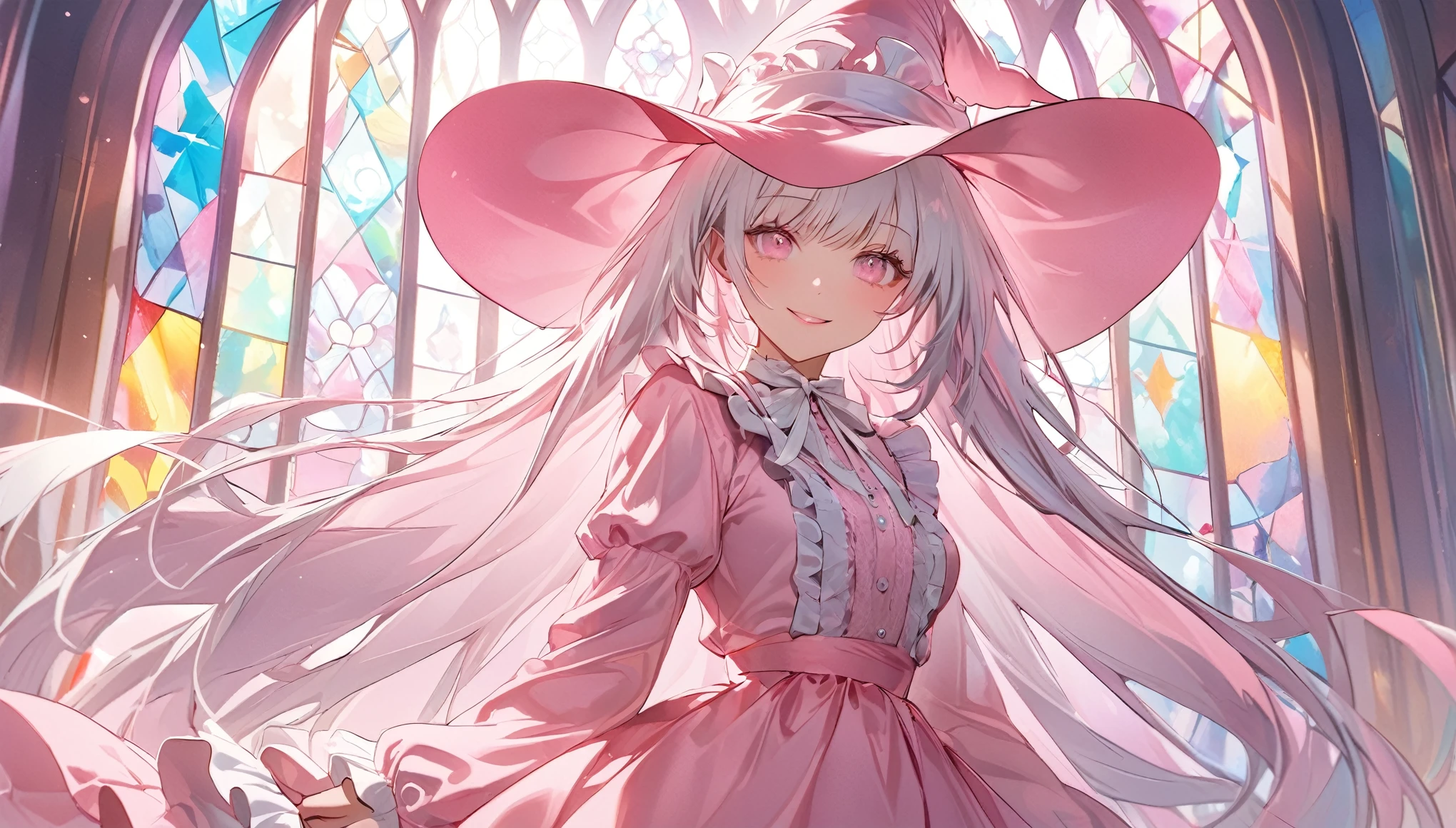 (transparent pink theme art),(top-quality),(masterpiece),(cowboy shot:1.5),((arms behind side)),Silky to the touch,Hyper Detail,(1 girl),(solo),Delicately drawn face,girl with a pretty face,beautiful detailed transparent pink eyes,beautiful detailed pink witch hat with white ribbon ornament,beautiful detailed pastel pink lolita witch fashions with ruffles,((pastel pink skirt with ruffles)),((Long sleeve white and pink costume)),(Beautiful silky white hair:1.3),pale skin,a beautiful transparent illustration,pastel pink theme,beautiful smile,frontal face,soft gradient,((standing in front of pastel pink glass art wall)),(((stained glass is only pastel pink)))