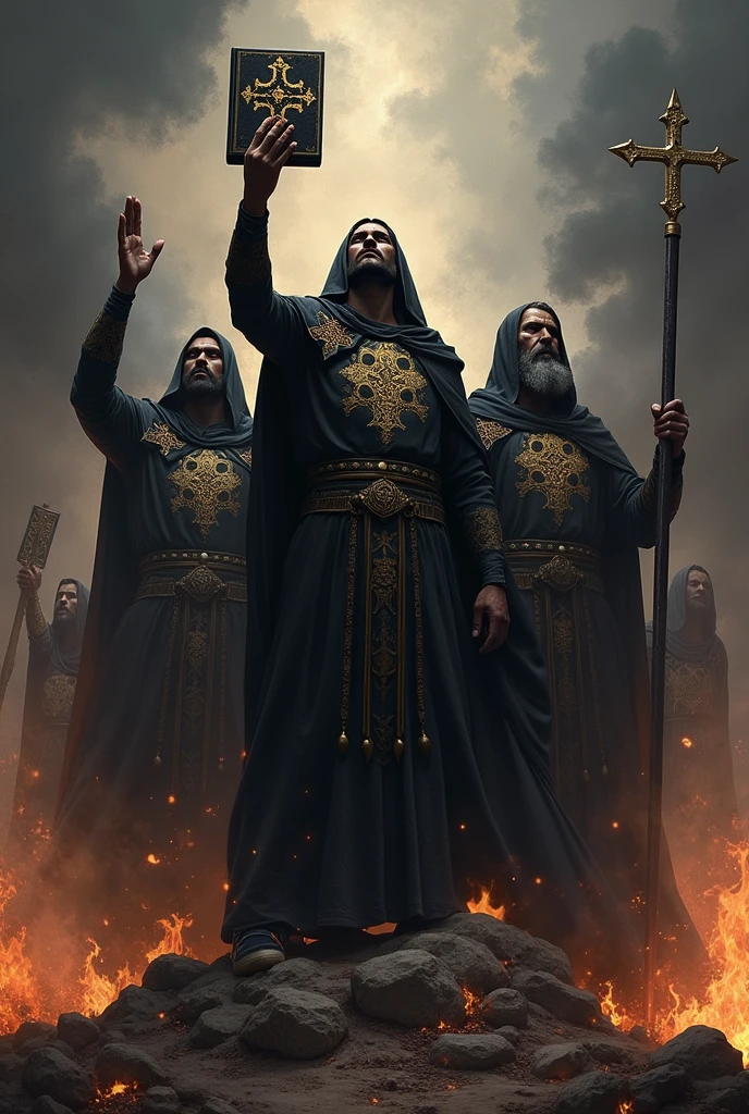 An art to represent the black team of the evangelical camp whose name is Dissipadores de Trevas, with sword, flames and bible