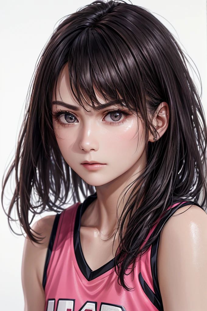 (((Highest quality、8k、32K、masterpiece)))、(Realistic)、(Realistic:1.2)、(High resolution)、Very detailed、Very beautiful face and eyes、1 person、Round and small face、Tight waist、Delicate body、(close、Highest quality、Attention to detail、Rich skin detail)、(Highest quality、8k、Oil paints:1.2)、Very detailed、(Realistic、Realistic:1.37)、Bright colors、(((Black Hair)))、(((Cowboy Shot)))、(((Medium Hair)))、(((Pure white wall background)))、(((Wearing a basketball uniform)))、(((black and pink basketball outfit)))、(((Serious expression)))、(((1 female)))、(((Tank top style uniform)))、