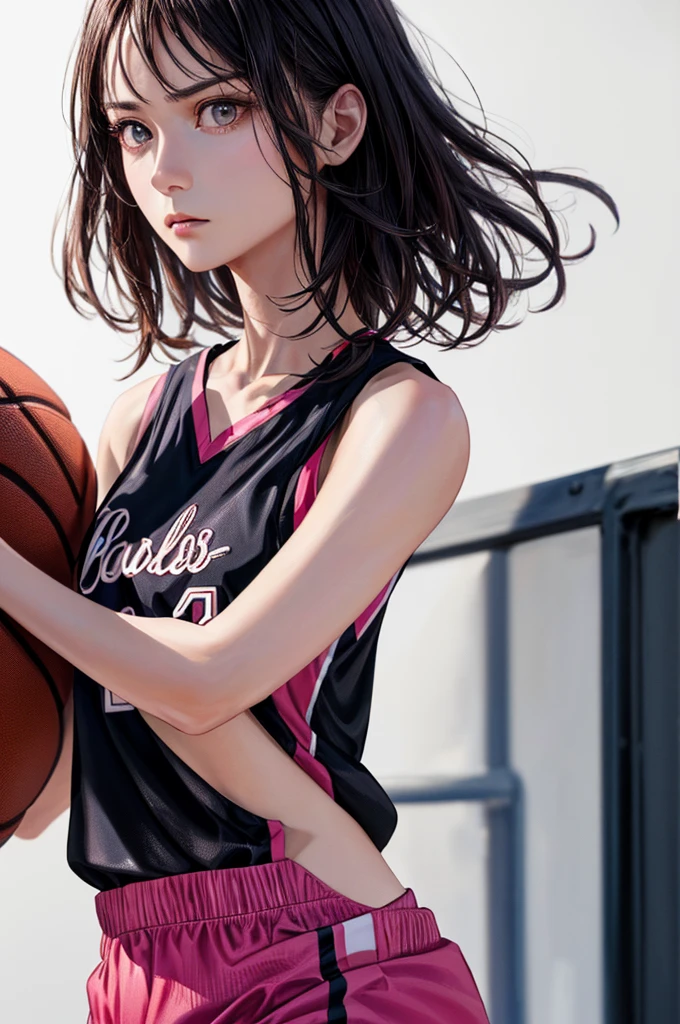 (((Highest quality、8k、32K、masterpiece)))、(Realistic)、(Realistic:1.2)、(High resolution)、Very detailed、Very beautiful face and eyes、1 person、Round and small face、Tight waist、Delicate body、(close、Highest quality、Attention to detail、Rich skin detail)、(Highest quality、8k、Oil paints:1.2)、Very detailed、(Realistic、Realistic:1.37)、Bright colors、(((Black Hair)))、(((Cowboy Shot)))、(((Medium Hair)))、(((Pure white wall background)))、(((Wearing a basketball uniform)))、(((black and pink basketball outfit)))、(((Serious expression)))、(((1 female)))、(((Tank top style uniform)))、