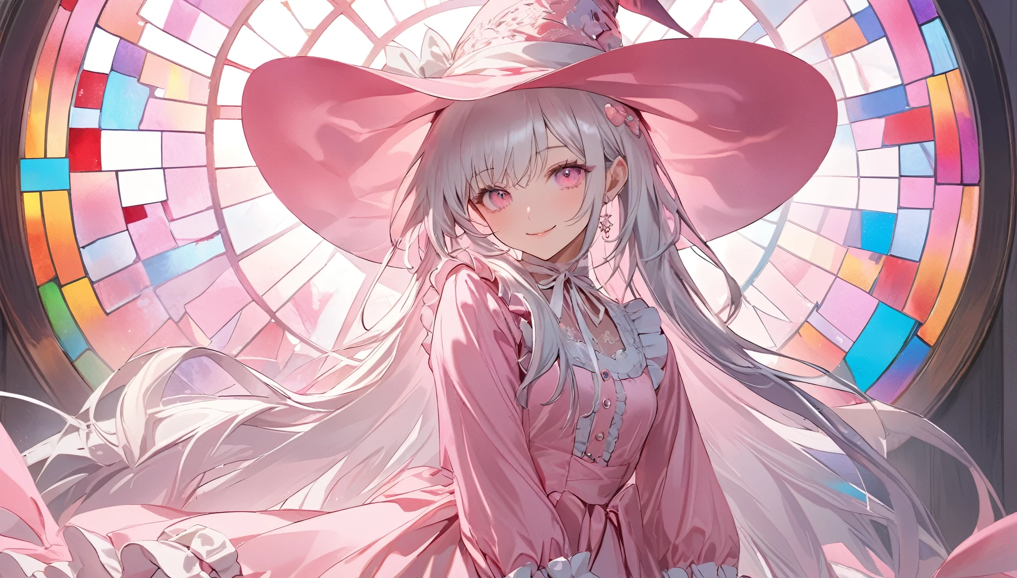 (transparent pink theme art),(top-quality),(masterpiece),(cowboy shot:1.5),((arms behind side)),Silky to the touch,Hyper Detail,(1 girl),(solo),Delicately drawn face,girl with a pretty face,beautiful detailed transparent pink eyes,beautiful detailed pink witch hat with white ribbon ornament,beautiful detailed pastel pink ta witch fashions with ruffles,((pastel pink skirt with ruffles)),((Long sleeve white and pink costume)),(Beautiful silky white hair:1.3),pale skin,a beautiful transparent illustration,pastel pink theme,beautiful smile,frontal face,soft gradient,((standing in front of pastel pink glass art wall)),(((stained glass is only pastel pink)))