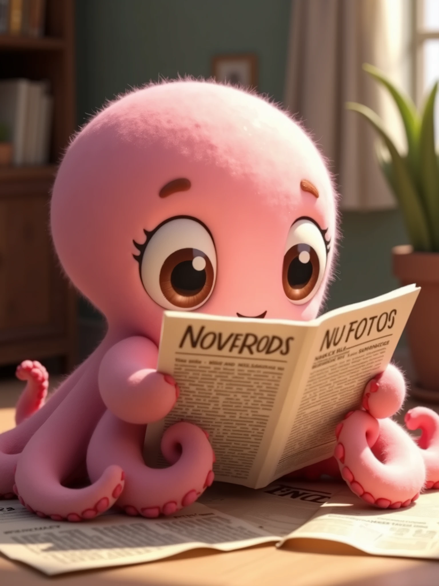 a cute pixar pink style octopus with soft smooth texture and large anime eyes and short arms reading a newspaper, ultra detailed, high quality image, high definition