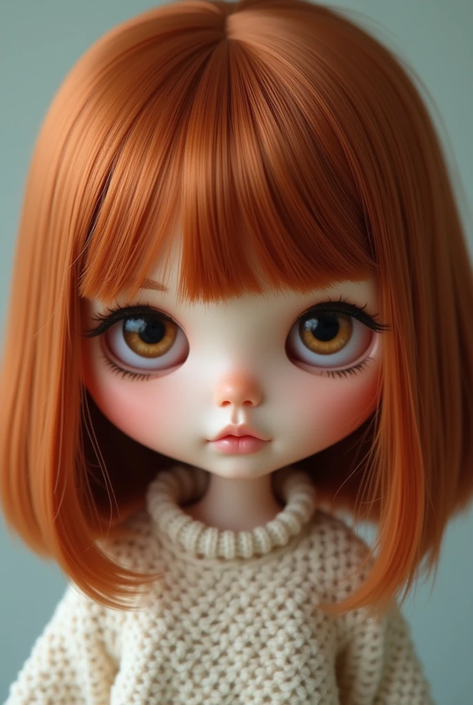 Blythe doll with straight copper hair, brown eyes