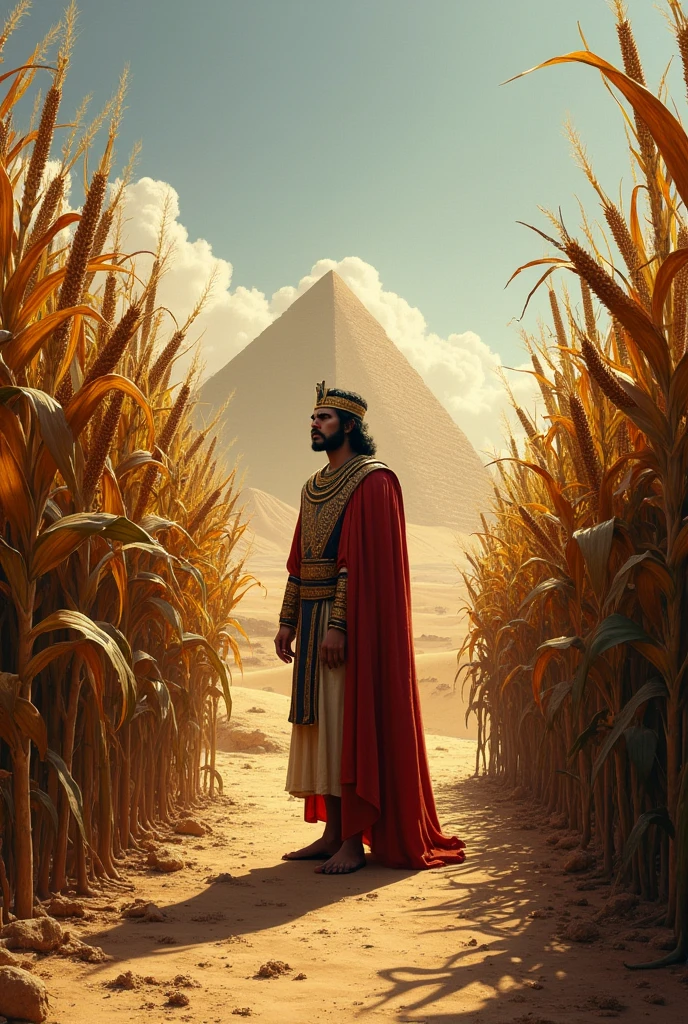 Illustration of Pharaoh's dream from the Bible with dried ears of corn dying