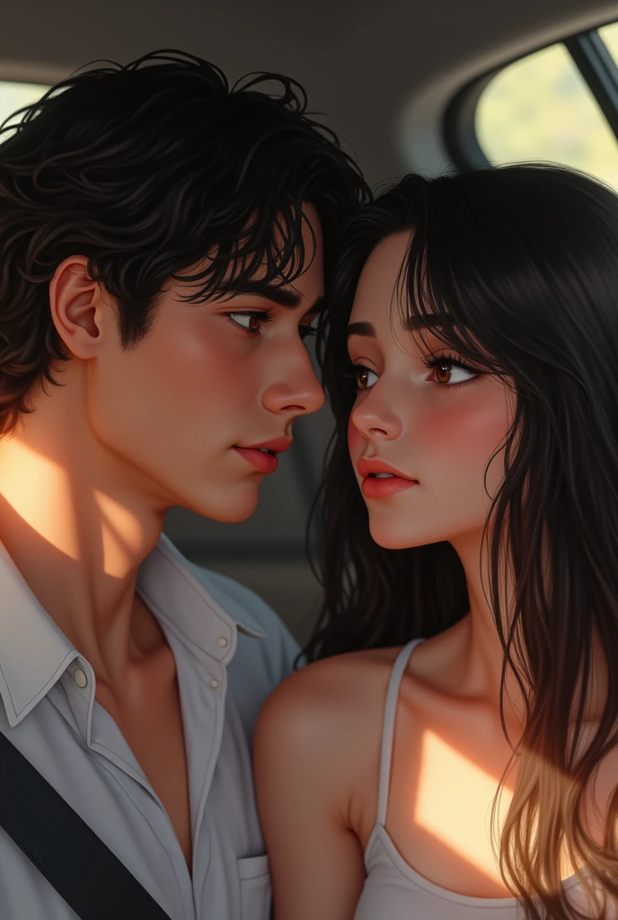 a 20 year old girl with very white skin, long and very straight dark brown hair, dark brown eyes, a 20 year old boy with very white skin, dark brown wavy hair, dark brown eyes, They are both in a car, In the back is a