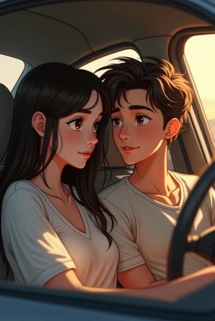 a 20 year old girl with very white skin, long and very straight dark brown hair, dark brown eyes, a 20 year old boy with very white skin, dark brown wavy hair, dark brown eyes, They are both in a car, In the back is a baby