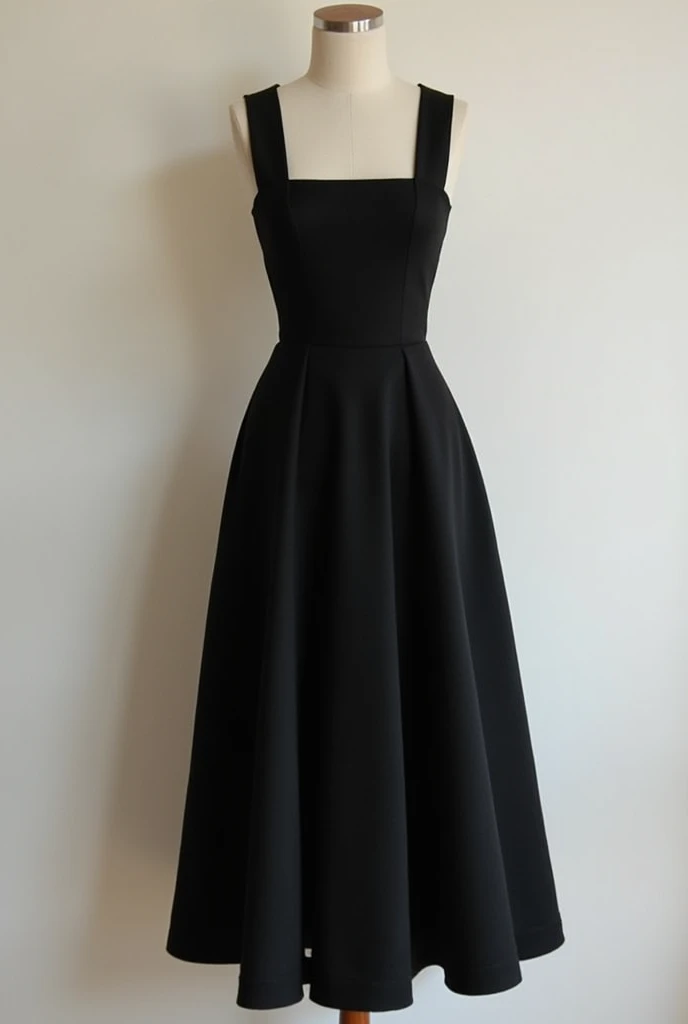 Black mid-calf length dress, with a slit that starts mid-thigh, flowy. This dress has no sleeves, has a square neckline.