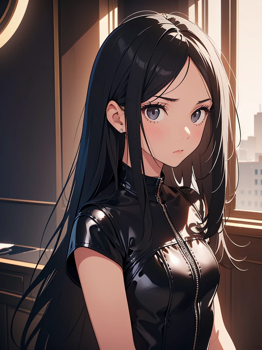 Girl, serious features,(hands behind back), ((she has black eyes+Long black hair+Short black leather dress)), high definition, high detailing, detailed face, detailed eyes, detailed body