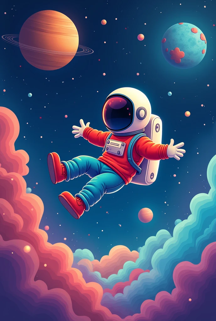 Make me a background in space with a red shirt, blue pants and an astronaut helmet in the middle, falling slowly, cartoon style.