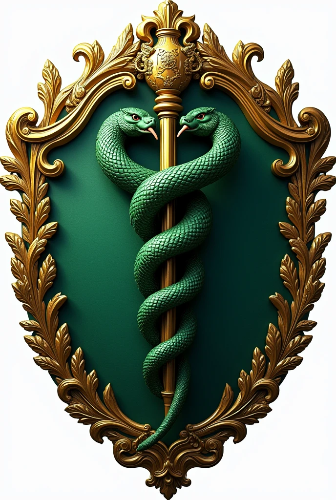 Create a Logo PNG Coat of Arms Heraldic Medicine, Asclepius rod (can&#39;t have wings)
Aggressive Snake Shades of Green (predominantly) and gold with details Branches and details around the coat of arms With a banner with text written MEDICINE (Portuguese)
THERE CANNOT BE WINGS Snake cannot leave the coat of arms
