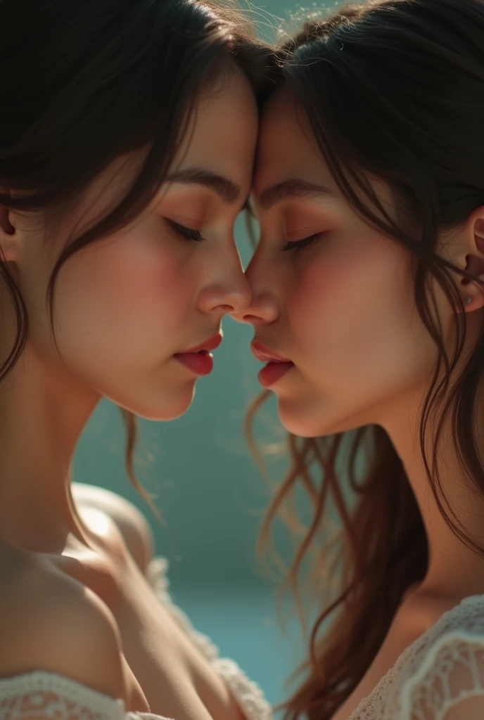 Two hot twin girls kissing, close up, touching noses