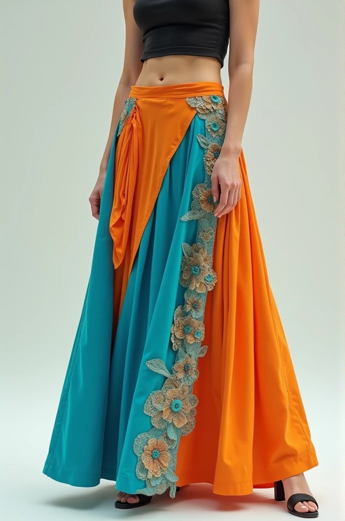A turquoise blue and beige orange skirt, front and back image. As if I had created it by the Photoshop commutator