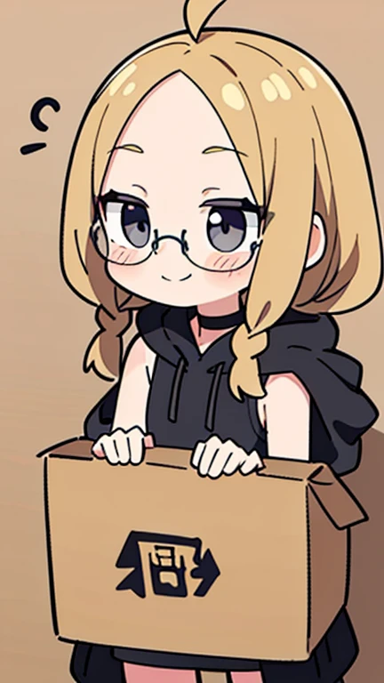 Beige hair color, center parted bangs, forehead exposed, no hair antennae on the sides of the face, large glasses, black sleeveless hoodie, bob hair with reduced volume, long braids on both sides reaching down to the chest, holding a large cardboard box with materials in both hands, gray eyes, shy smile, choker, adult woman, blushing cheeks, beautiful, surrounded by cardboard boxes, black sleeveless hoodie, character outlined in white, green recycling mark on the cardboard box she is holding