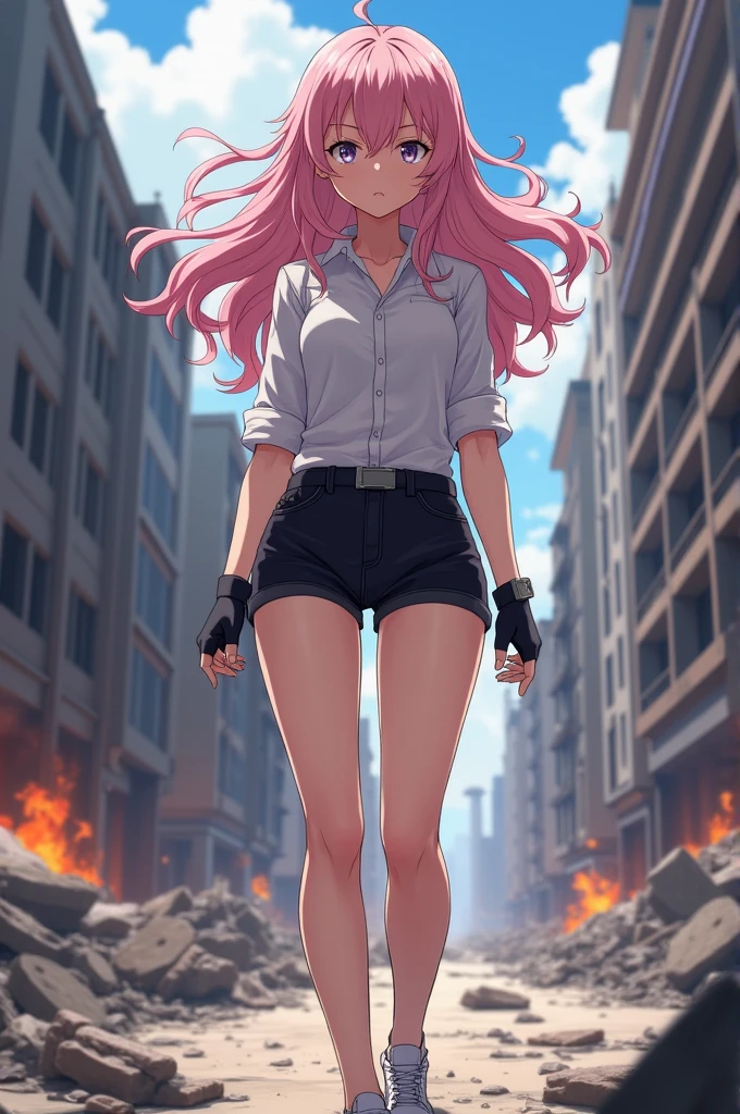 I want to create an anime style character. She has very long wavy hair with light pink eyes and her expression is serious.. She wears tight black shorts, a white shirt rolled up, black gloves and white sneakers.
This stop is on a street in chaos with rubble and fire everywhere..