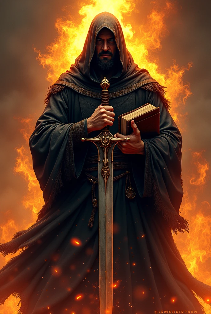 An art to represent the black team of the Evangelical Camp with a sword, flames and bible 
