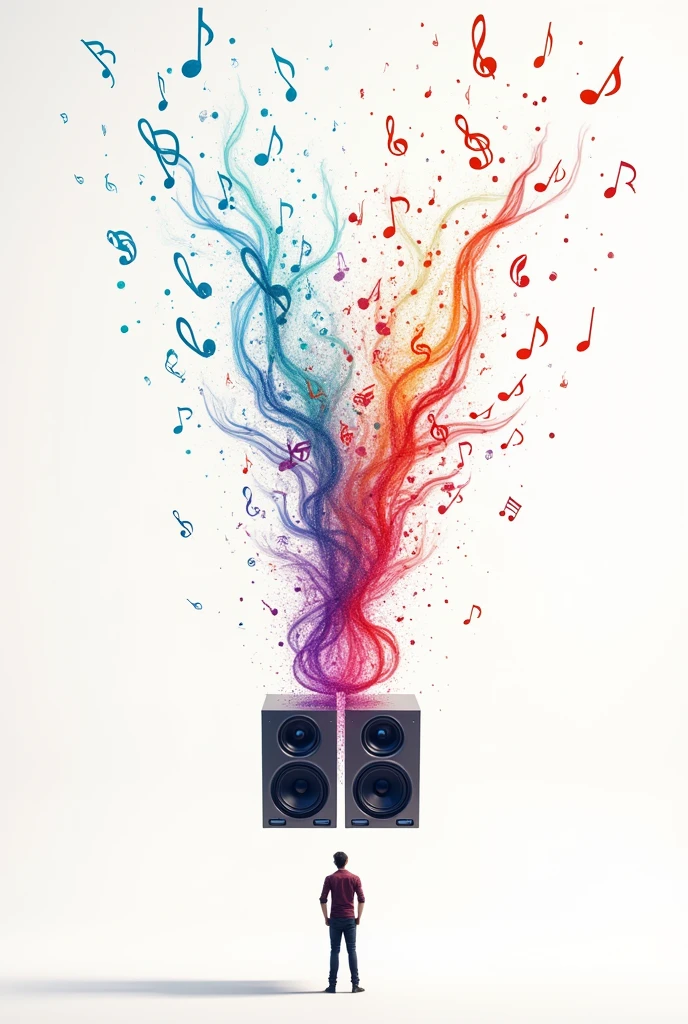 Create an image with speakers, several musical notes coming out of them, with a shadow playing the instrument, white background spaced in the middle.