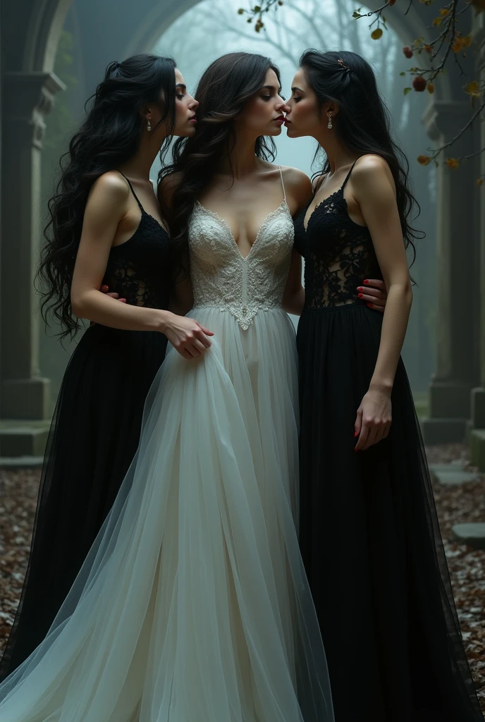 Masterpiece, 
Beautiful bride in white dress seduced by alluring lesbian vampires, evil, gothic black lace dress, flattering, cleavage, Long Hair, kiss, kissing, bride turning into vampire, evil aura, dark, evil, sexy, (full body)