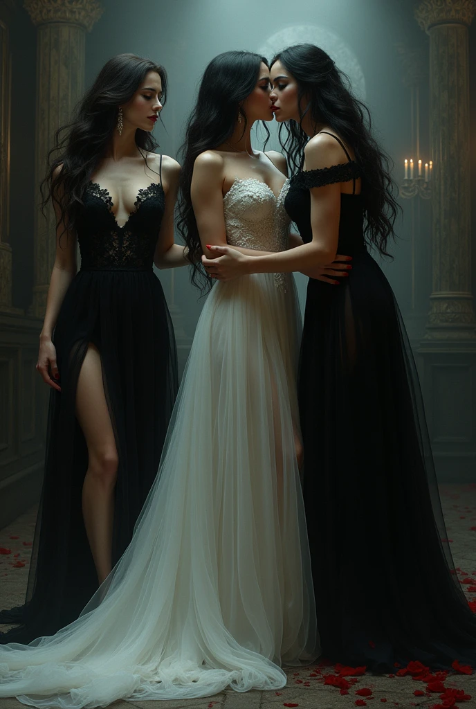 Masterpiece,
Beautiful bride in white dress seduced by alluring lesbian vampires, evil, gothic black lace dress, flattering, cleavage, Long Hair, kiss, kissing, bride turning into vampire, evil aura, dark, evil, sexy, (full body)