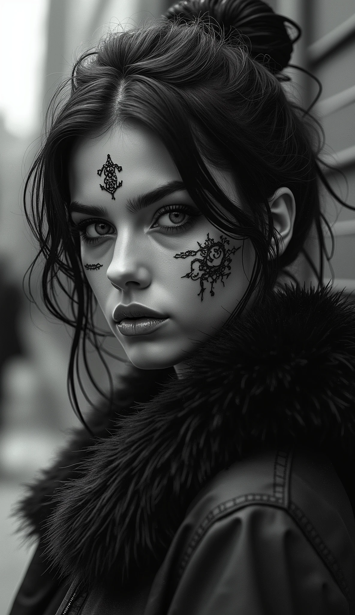 Girl、tattoo、tobacco、cyberpunk、black fur、monochrome、half black and white、hyperrealistic