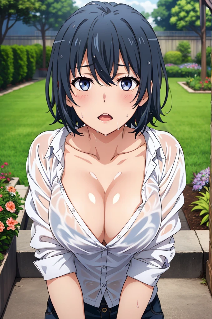 ((Highest quality, High resolution,  Pixel perfect,  4K)), (1 person),  (Beautiful Anime), 
Observe the audience, 
Perfect body,  Adult women short hair　,  Bright blue hair　、Side part　、Super big breasts　　、　Purple eyes　、　Detailed eyes、

(blush),  Embarrassing　、Climax　、Please open your mouth slightly、Provocative look　、
(Very wet shirt 1.2) 　、　The shirt shows through and the underwear is visible　、　Wet skew　　、　Cleavage　　、
Cowboy Shot　、　first round　、noon、　garden