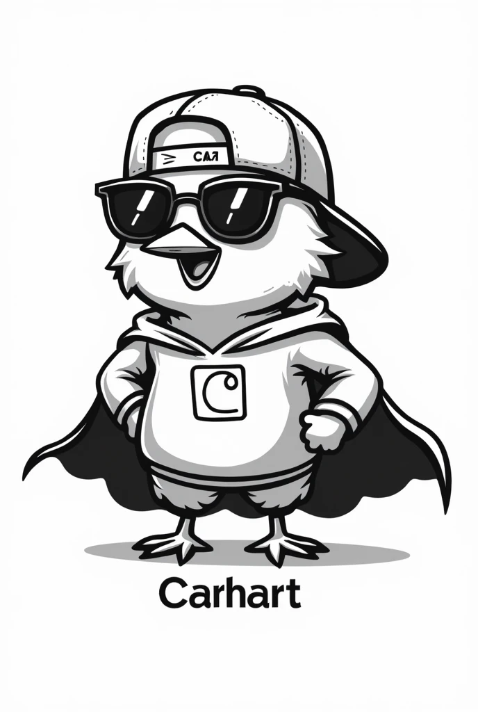 Drawings of a Chick referring to a superhero with a Carhartt sweater and a backwards cap with glasses drawn in a minimalist logo style in black and white 