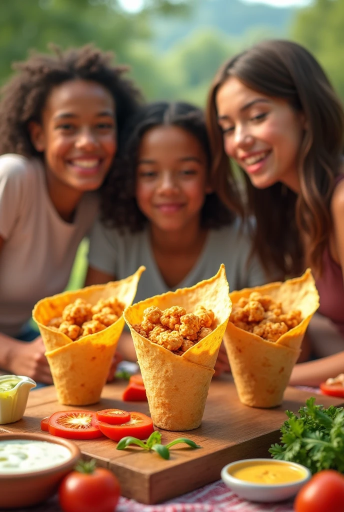 Friends surprised that a girl brought tortilla cones filled with chicken popcorn with vegetables and sauces on a real picnic