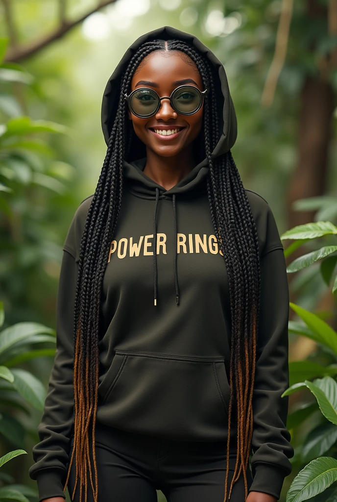 (photorealism:1.2), beautiful Kenyan woman,22 years,sharp boobs,smiling,wearing a fitting hoodie,long braids,oversized round photo chromatic glasses with grey lenses showing power rings, standing , realistic details,plants in background.Devian art inspiration