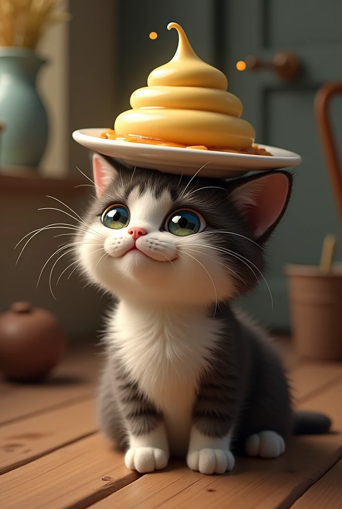 Cat with a pudding on its head